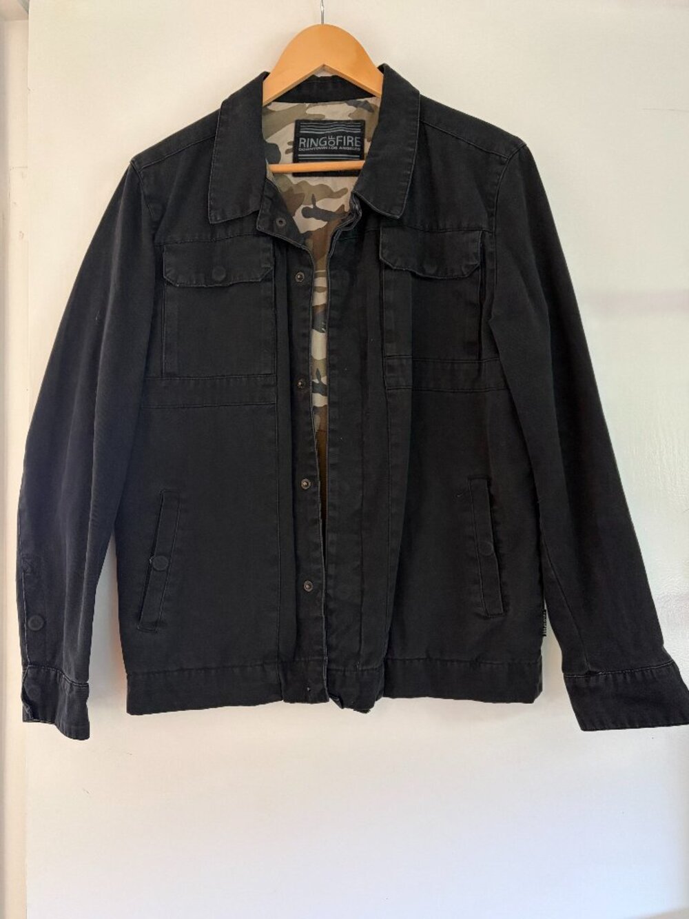 Vintage Ring of Fire Black Utility Jacket with Camo Lining